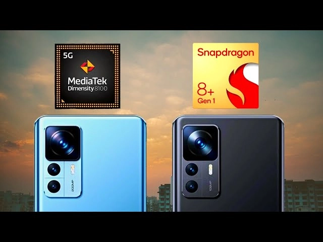 Điện thoại Dimensity và Snapdragon hiển thị giao diện 5G và các ứng dụng AI.